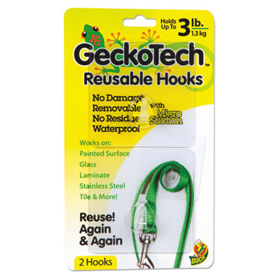 Duck GeckoTech Reusable Hooks, Plastic, 3 lb Capacity, Clear, 2 Hooks DUC282313 282313