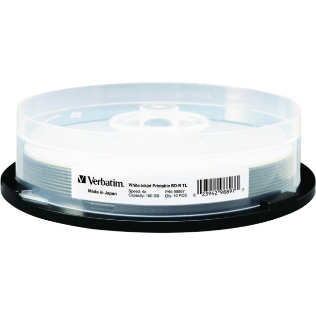 Verbatim BD-R TL 100GB 4X White Inkjet Printable, Hub Printable - 10pk Spindle 98897