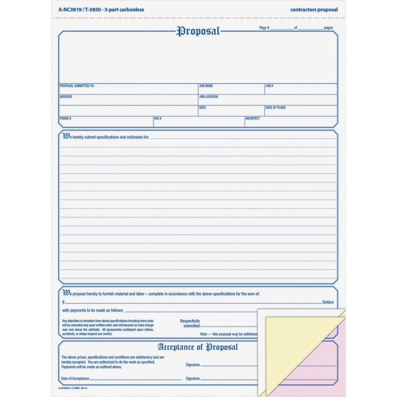 Adams 3-part Carbonless Contractors Proposal Forms NC3819 ABFNC3819