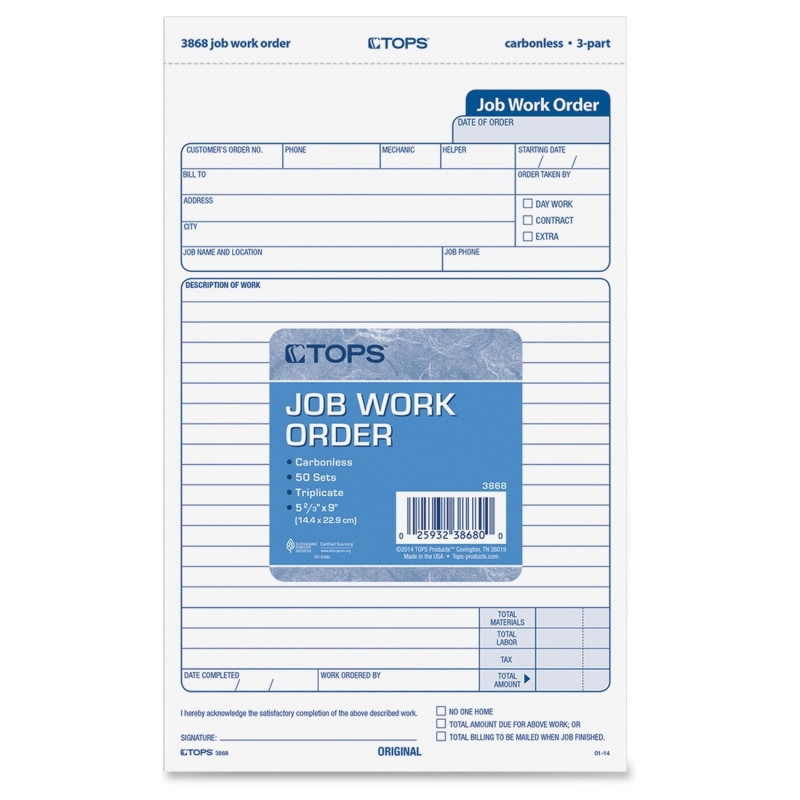 TOPS TOPS Triplicate Job Work Order Form 3868 TOP3868