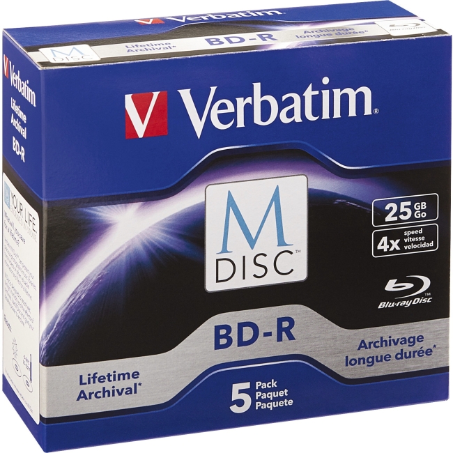 Verbatim M-Disc BD-R 25GB 4X with Branded Surface - 5pk Jewel Case Box 98900