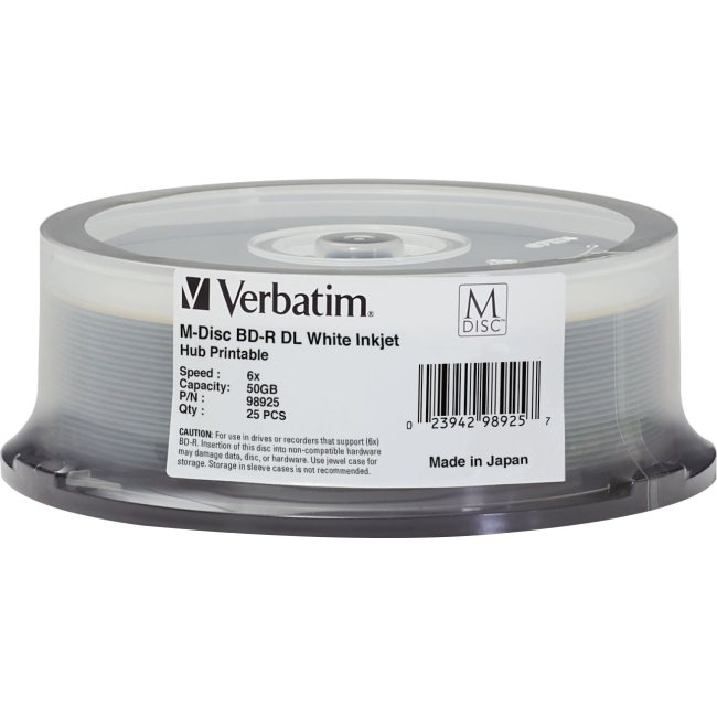 Verbatim M-Disc BD-R DL 50GB 6X White Inkjet Printable, Hub Printable - 25pk Spindle 98925
