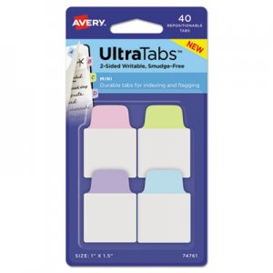 Avery Ultra Tabs Repositionable Tabs, 1 x 1.5, Pastel:Blue, Green, Pink, Purple, 40/PK AVE74761 74761