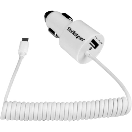 StarTech.com Dual-Port Car Charger - USB with Built-in Micro-USB Cable - White USBUB2PCARW