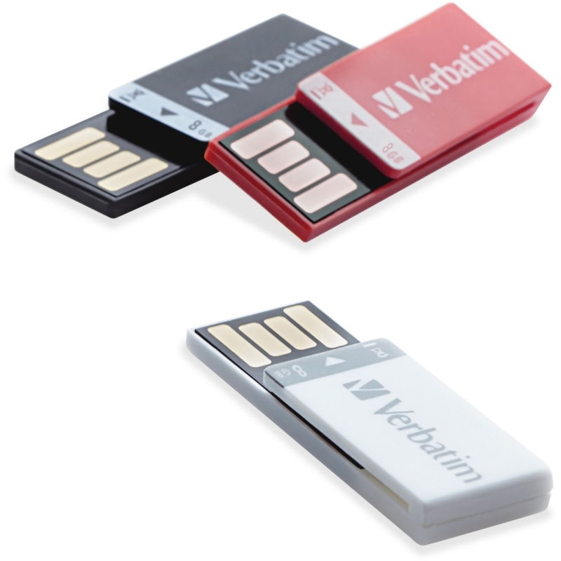 Verbatim 8GB Clip-it USB Flash Drive - 3pk - Black, White, Red 98674 VER98674