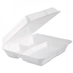 Dart Foam Hinged Lid Container, 3-Comp, 9.3 x 9 1/2 x 3, White, 100/Bag, 2 Bag