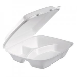 Dart Foam Hinged Lid Container, 3-Comp, 9 x 9 2/5 x 3, White, 100/Bag, 2 Bag/Carton