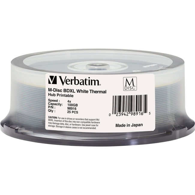 Verbatim M-Disc BDXL 100GB 4X White Thermal Printable, Hub Printable - 25pk Spindle 98916