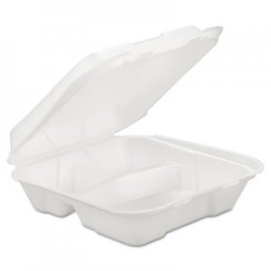 GEN Foam Hinged Carryout Container, 3-Comp, White, 9 1/4 X 9 1/4 X 3, 200/Carton GENHINGEDL3