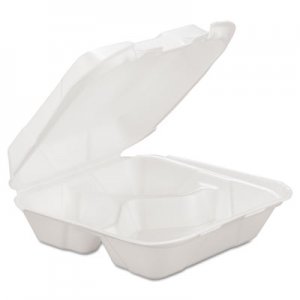 GEN Foam Hinged Carryout Container, 3-Comp, White, 8 X 8 1/4 X 3, 200/Carton GENHINGEDM3