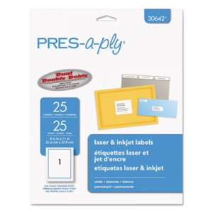 PRES-a-ply Laser/Inkjet Full-Sheet Labels, 8 1/2 x 11, White, 25/Pack AVE30642 30642