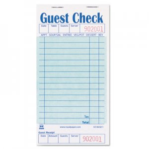 Royal Guest Check Book, 3 1/2 x 6 7/10, 50/Book, 50 Books/Carton RPPGC36321 RPP GC3632-1