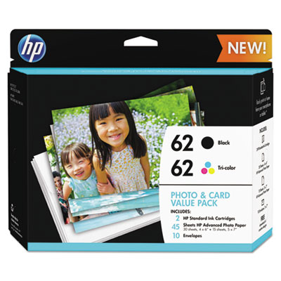 HP 62 Black/Tri-Color Original Ink w/Photo Paper,30;4" x 6";15;5" x 7 HEWK3W67AN K3W67AN