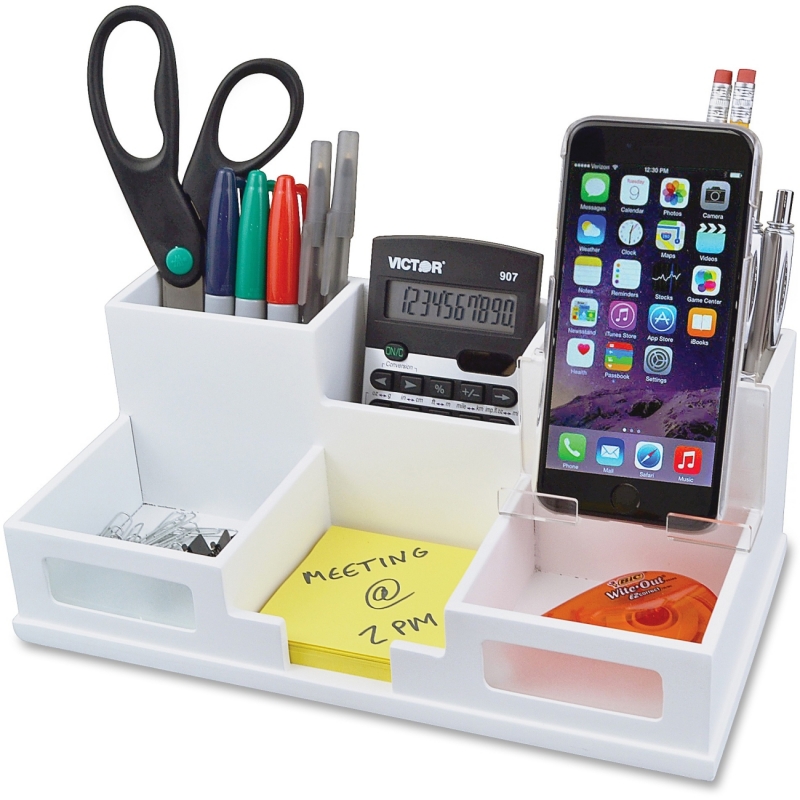 Victor Pure White Collection Wood Desk Organizer with Smart Phone Holder W9525 VCTW9525