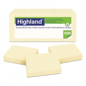 Highland Recycled Self-Stick Notes, 1 3/8 x 1 7/8, Yellow, 100 Sheets/Pad, 12 Pads/Pack MMM6539RP