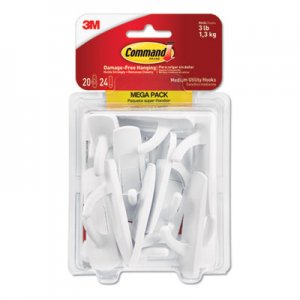 Command General Purpose Hooks, 3lb Capacity, Plastic, White, 20 Hooks, 24 Strips/Pack MMM17001MPES 17001-MPES