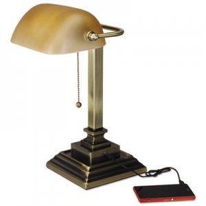 Alera Traditional Banker's Lamp w/USB, 16"High, Amber Glass Shade w/Antique Brass Base ALELMP517AB