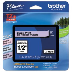 Brother P-Touch TZ Standard Adhesive Laminated Labeling Tape, 1/2"w, Pastel Purple BRTTZEMQF31 TZEMQF31