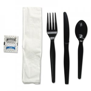 Boardwalk 6-Pc. Cutlery Kit, Condiment/Fork/Knife/Napkin/Spoon, Heavyweight, Black, 250/CT BWKFKTNSHWPSBLA FKTNSHWPSBLA