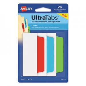 Avery Ultra Tabs Repositionable Tabs, 3 x 1.5, Primary: Blue, Green, Red, 24/PK AVE74775 74775