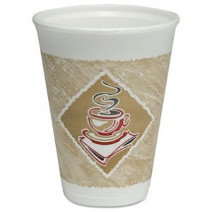 Dart Cafe G Hot/Cold Cups, Foam, 12oz, White w/Brown & Red, 20/Bag, 50 Bags/Carton DCC12X12G DCC 12X12G