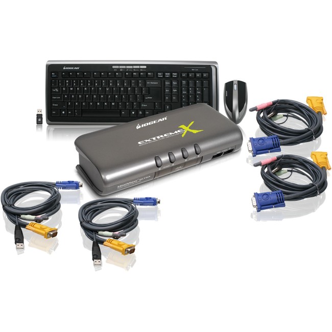 Iogear 4-Port Dual Platform KVMP Switch w/ Wireless Keyboard and Mouse Kit GCS1734-KM1