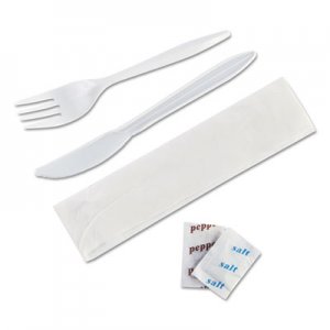 GEN Wrapped Cutlery Kit, 6 1/4", Fork/Knife/Napkin/Salt/Pepper, White, 250/Carton GEN7KITMW