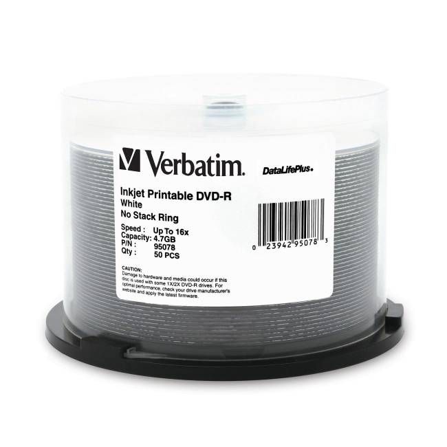 Verbatim DVD-R 4.7GB 16x DataLifePlus White Inkjet Printable 50pk Spindle 95078