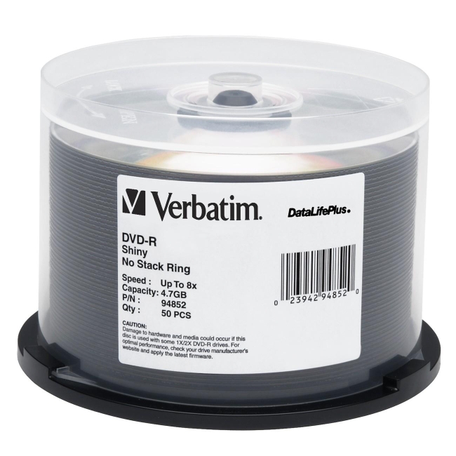 Verbatim DVD-R 4.7GB 8x DataLifePlus Shiny Silver 50pk Spindle 94852