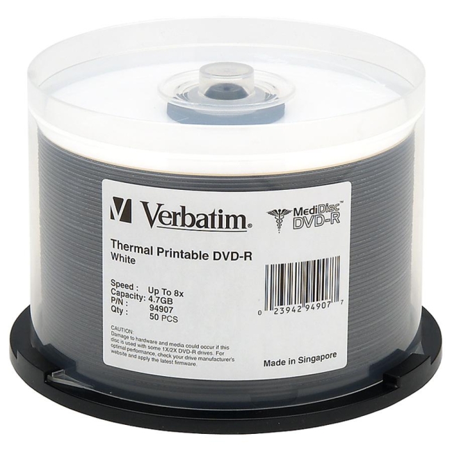 Verbatim MediDisc DVD-R 4.7GB 8x White Thermal Printable 50pk Spindle 94907
