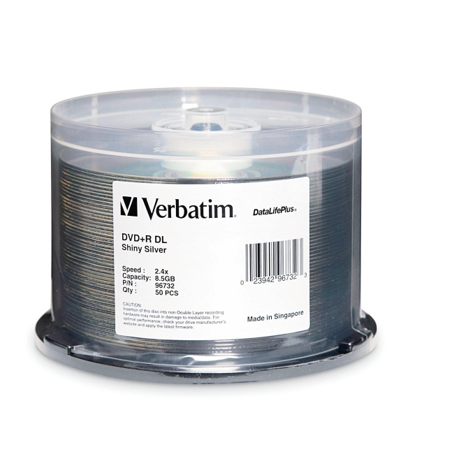 Verbatim Double Layer DVD+R DL 8.5GB 2.4x DataLifePlus Shiny Silver 50pk Spindle 96732