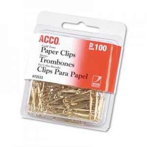 ACCO Gold Tone Paper Clips, Small (No. 2), Gold Tone, 100/Box ACC72533 A7072533