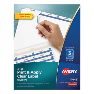 Avery Print and Apply Index Maker Clear Label Dividers, 3 White Tabs, Letter, 25 Sets AVE11445 11445