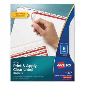 Avery Print and Apply Index Maker Clear Label Dividers, 8 White Tabs, Letter, 5 Sets AVE11437 11437