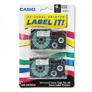 Casio Tape Cassettes for KL Label Makers, 0.37" x 26 ft, Black on Clear, 2/Pack CSOXR9X2S XR9X2S