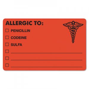 Tabbies Allergy Warning Labels, ALLERGIC TO: PENICILLN, CODEINE, SULFA, 2.5 x 4, Fluorescent Red, 100/Roll TAB00488 MAP488