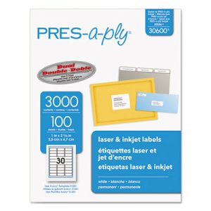 PRES-a-ply Labels, Laser Printers, 1 x 2.63, White, 30/Sheet, 100 Sheets/Box AVE30600 30600