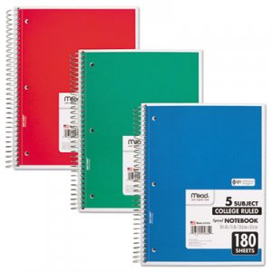 Mead Spiral Notebook, 5 Subjects, Medium/College Rule, Assorted Color Covers, 10.5 x 8, 180 Sheets MEA05682 05682