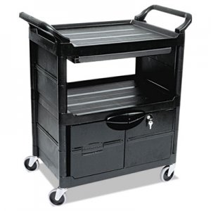 Rubbermaid Commercial Utility Cart With Locking Doors, Two-Shelf, 33.63w x 18.63d x 37.75h, Black RCP345700BLA FG345700BLA