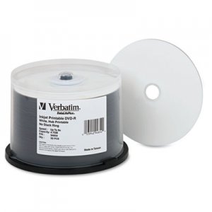 Verbatim DVD-R 4.7GB 8X DataLifePlus White Inkjet Printable/Hub Printable, 50/PK Spindle VER94854 94854
