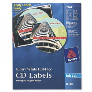 Avery Inkjet Full-Face CD Labels, Glossy White, 20/Pack AVE8944 08944