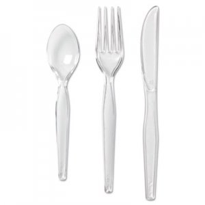 Dixie Cutlery Keeper Tray with Clear Plastic Utensils: 600 Forks, 600 Knives, 600 Spoons DXECH0180DX7CT CH0180DX7