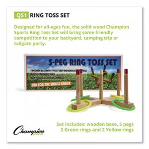 Champion Sports Ring Toss Set, Plastic/Wood, Assorted Colors, 4 Rings/5 Pegs/Set CSIQS1 QS1