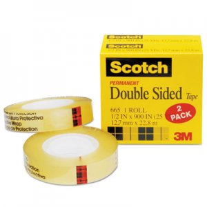 Scotch Double-Sided Tape, 1" Core, 0.5" x 75 ft, Clear, 2/Pack MMM6652PK 665-2PK