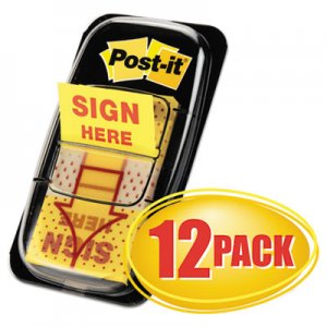Post-it Flags Arrow Message 1" Page Flags, Sign Here, Yellow, 50/Dispenser, 12 Dispensers/PK MMM680SH12 680-SH12