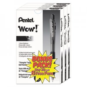 Pentel WOW! Retractable Ballpoint Pen Value Pack, Medium 1 mm, Black Ink/Barrel, 36/Pack PENBK440ASWUS BK440ASW-US