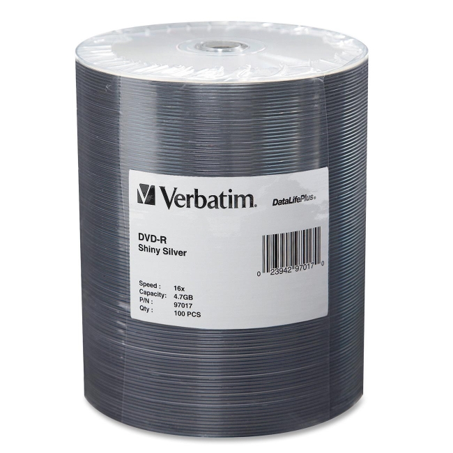 Verbatim DVD-R 4.7GB 16x DataLifePlus Shiny Silver 100pk Wrap 97017