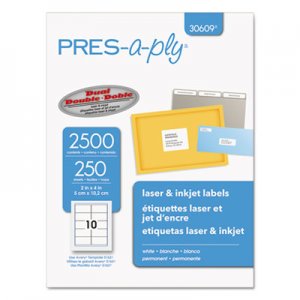 PRES-a-ply Labels, Laser Printers, 2 x 4, White, 10/Sheet, 250 Sheets/Box AVE30609 30609