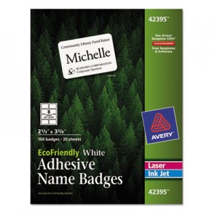 Avery EcoFriendly Adhesive Name Badge Labels, 3.38 x 2.33, White, 160/Box AVE42395 42395