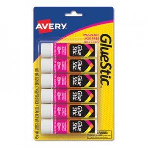Avery Permanent Glue Stic Value Pack, 0.26 oz, Applies White, Dries Clear, 6/Pack AVE98095 98095